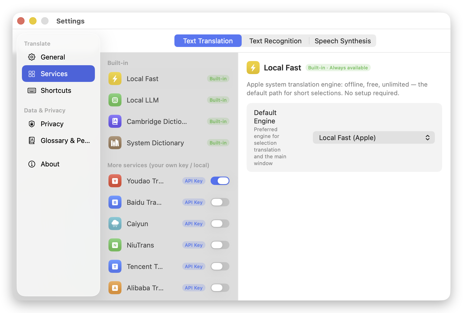 Settings · Services